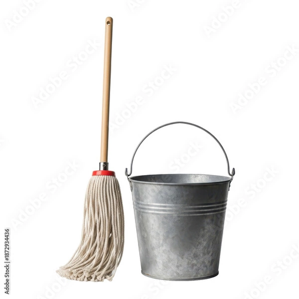Obraz Mop and Bucket Isolated Black Background