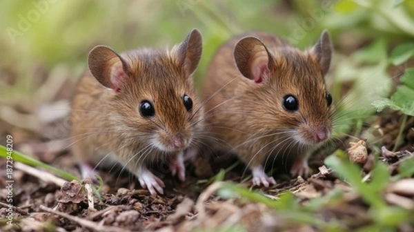 Obraz Two mice in a grassy field.
