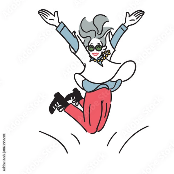 Obraz 両手を上げて喜ぶ元気なアクティブシニア女性のイラスト