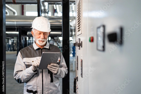 Obraz Senior engineer using tablet for plant maintenance check
