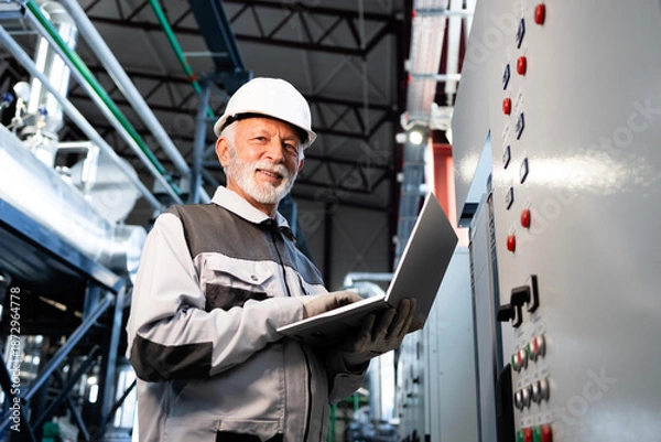 Obraz Senior engineer checking industrial plant systems using laptop