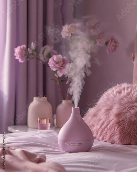 Obraz Essential oil diffuser steaming in soft pink bedroom decor  