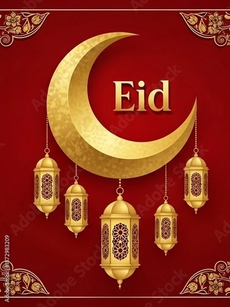 Obraz Eid Mubarak Greeting with Lanterns and Crescent Moon.
