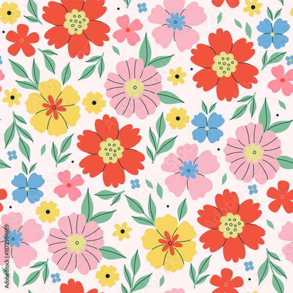 Obraz Seamless pattern with multicolored flowers on a light background. Vector graphics.