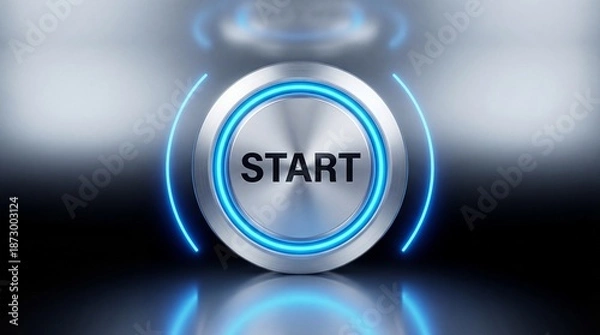 Obraz Glowing blue start button with light effects isolated on transparent background for digital interfaces