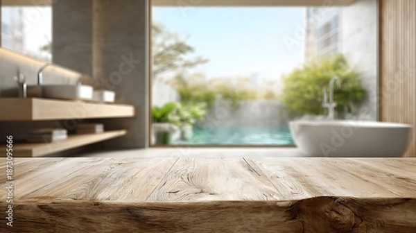 Obraz Empty rustic wooden table foreground with blurred modern bathroom backdrop