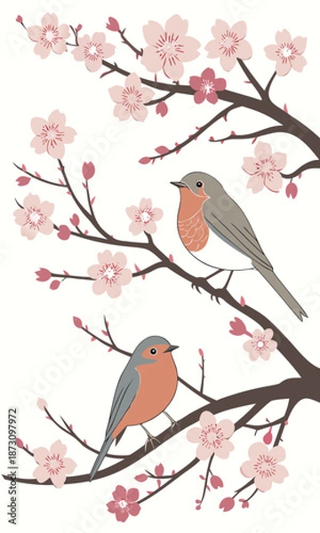 Obraz Robins in Spring A Delicate Cherry Blossom Scene.