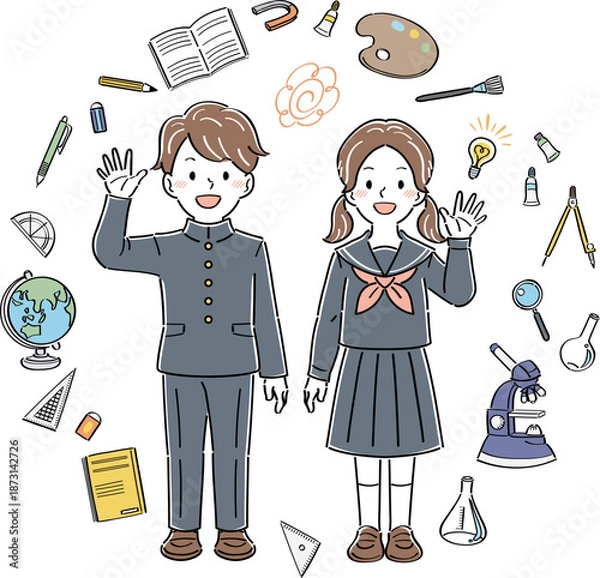 Obraz 手を振る制服姿の男女の学生と文房具のイラスト