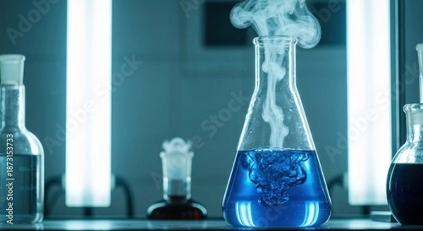 Obraz Steaming blue liquid in lab glassware