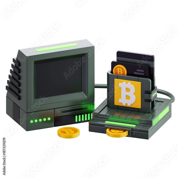 Obraz 3D Bitcoin Cryptocurrency Wallet with Computer Illustration