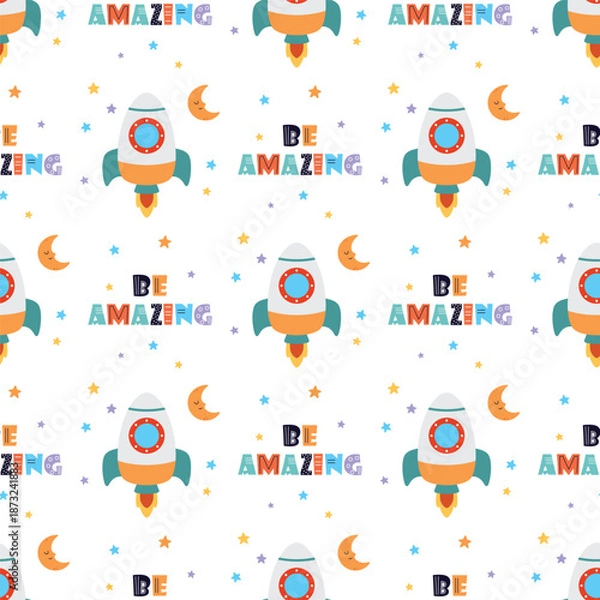 Obraz childish seamless pattern with cartoon rocket