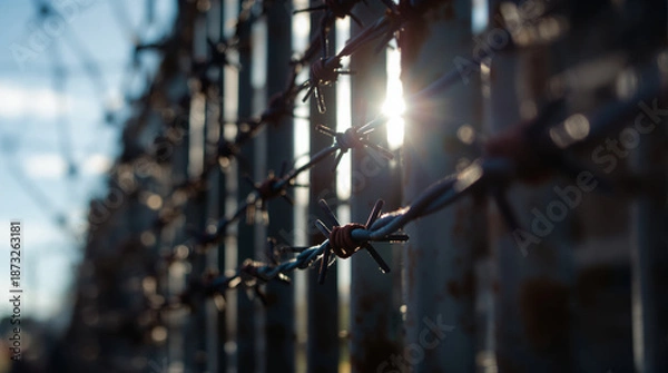 Obraz Wire Fence with Sunlight Breaking Through