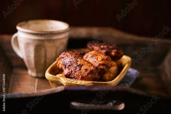 Obraz Fried chicken wings with potatoes on a rustic background

