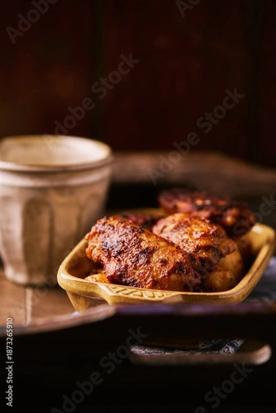 Obraz Fried chicken wings with potatoes on a rustic background
