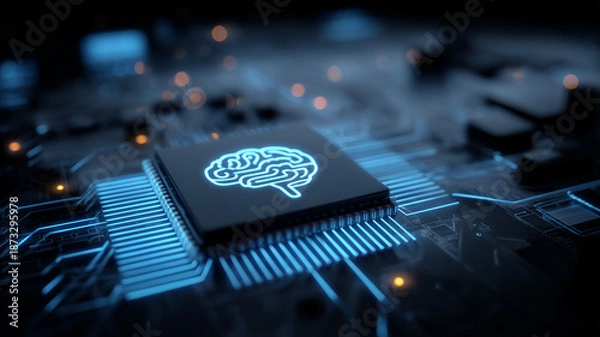 Obraz Glowing brain icon embedded in a microchip representing artificial intelligence neural computing and advanced digital processing systems.
