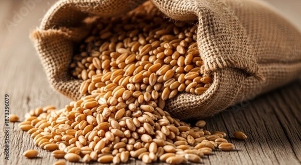 Obraz Wheat Grains Spilling from Burlap Sack.