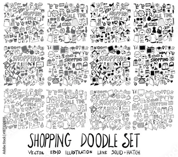Fototapeta Set of Shopping illustration Hand drawn doodle Sketch line vector scribble eps10