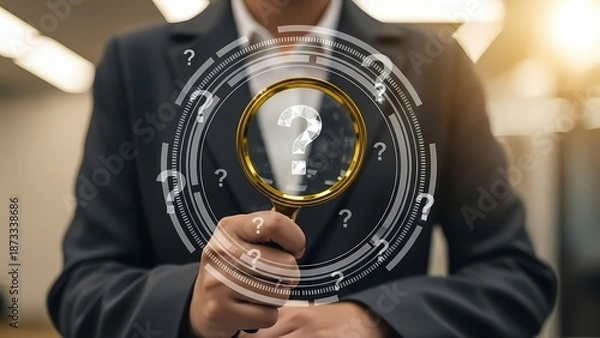 Obraz Businessman holding interactive holographic interface with question marks