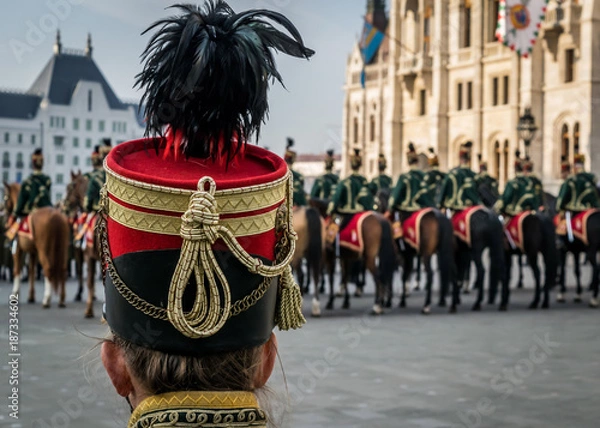 Obraz Hussar traditional military hat closeup. Background with line up of hussar cavalry on horses in front of the Parliament House during the 15 March military parade in Budapest, Hungary. 