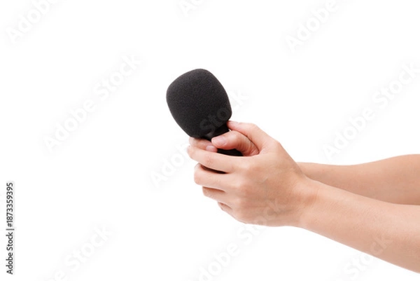 Obraz Hand with microphone isolated on white background