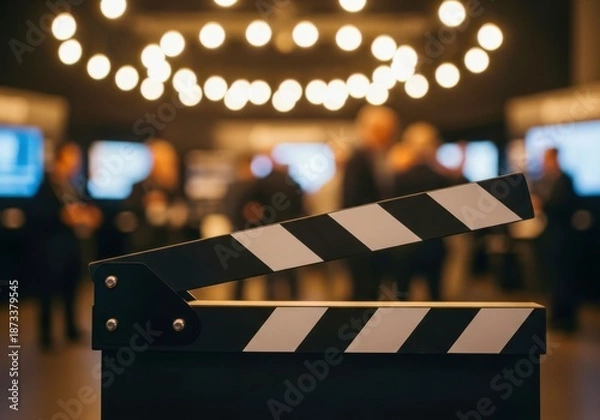 Fototapeta CloseUp Clapperboard With Blurred Crowd And String Lights Background