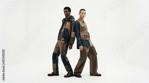 Fototapeta Two men in stylish patchwork outfits walking side by side