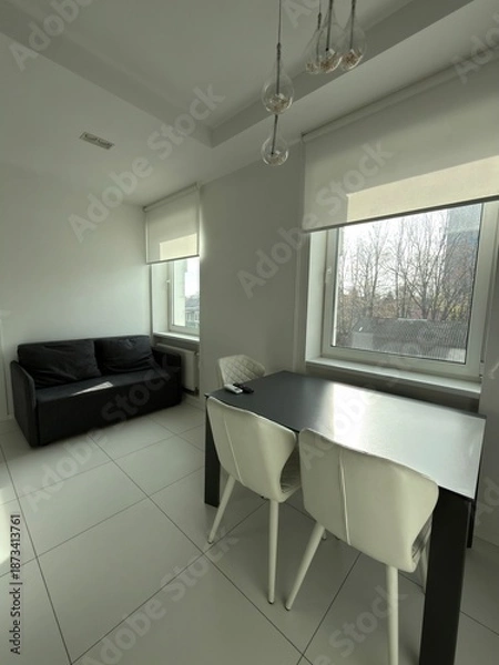 Obraz Modern bright dining area with sofa and large windows