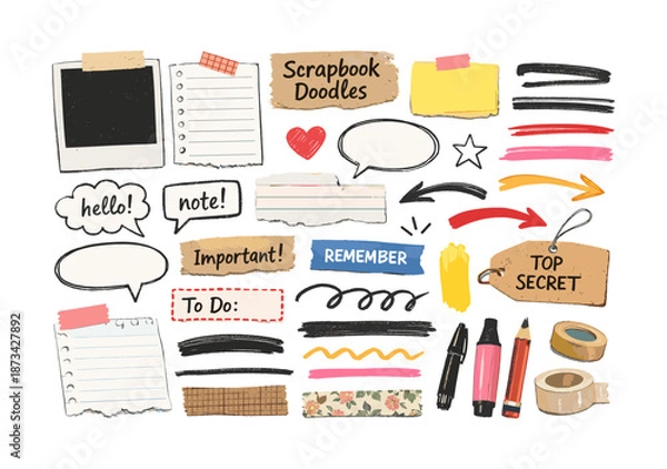 Obraz Creative scrapbook doodles with speech bubbles, notes, and decorative elements for journaling