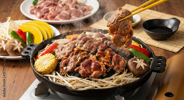 Obraz ジンギスカンを囲む熱々の食卓、箸でつまむラム肉と彩り野菜