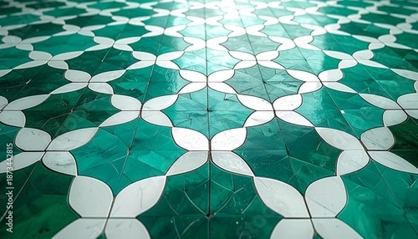 Obraz Geometric Green and White Mosaic Tile Pattern Background