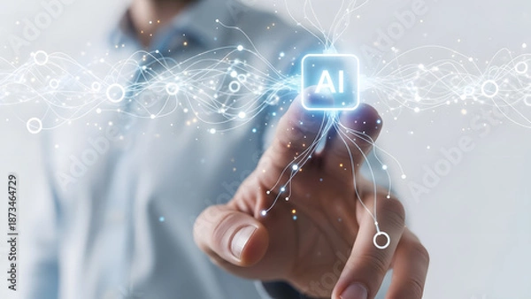 Obraz Finger touch ai chip neural network connection glow digital intelligence future technology system automation logic brain data