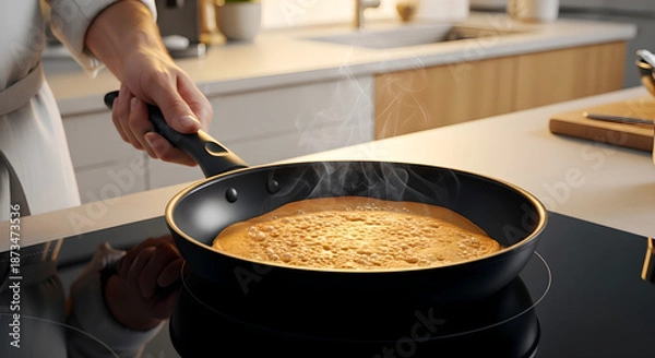 Obraz Chef Hand Cooking Steaming Pancake Kitchen Induction Hob