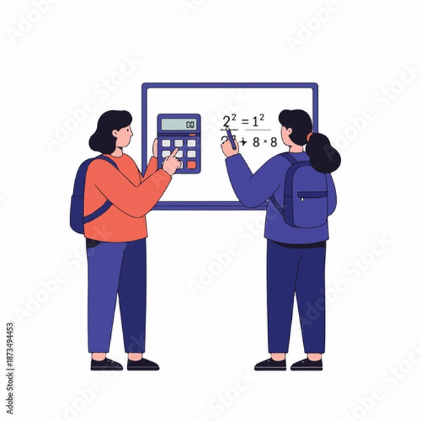 Obraz Students Solving Math Problem with Calculator on Whiteboard