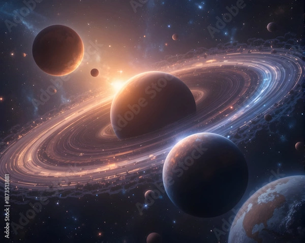 Obraz Planet orbit visualization glowing ringed planet with multiple orbiting moons and distant stars creating dramatic cosmic scene