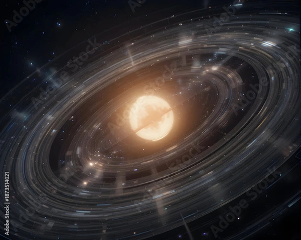 Obraz Planet orbit visualization glowing star surrounded by luminous debris ring in deep space creating dramatic cosmic motion scene