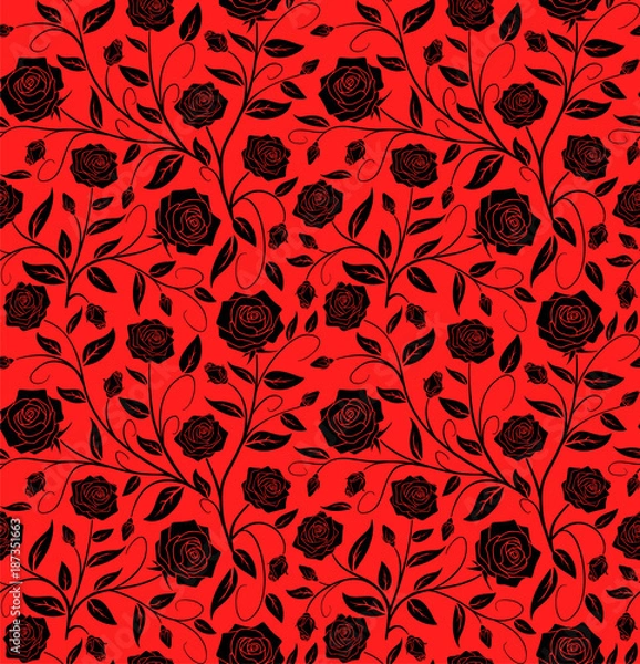 Obraz Vector Seamless floral pattern design hand drawn: Black roses with leaves on a red background