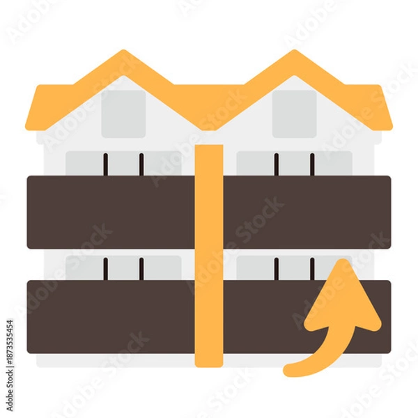 Obraz シンプルなアパートのアイコン+上昇矢印