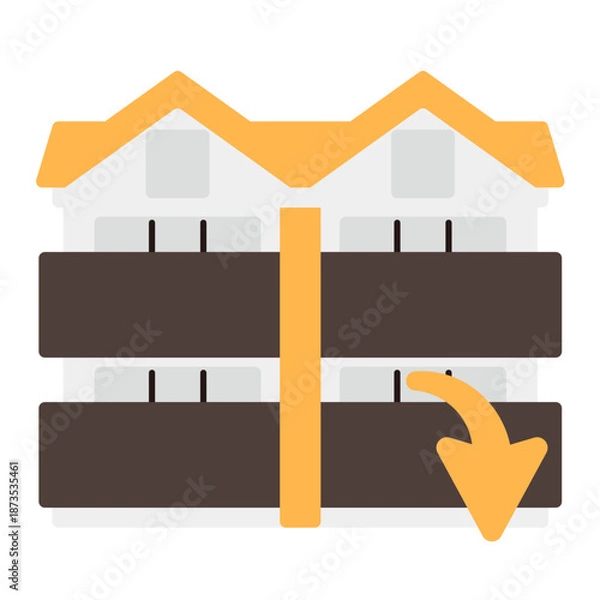 Obraz シンプルなアパートのアイコン+下降矢印