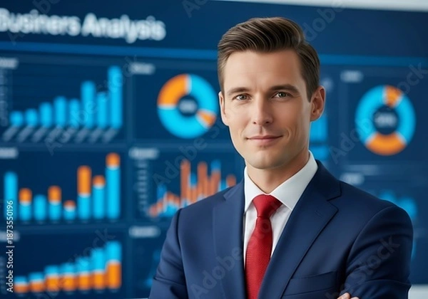 Obraz Confident professional stands before a large screen displaying financial data visualizations