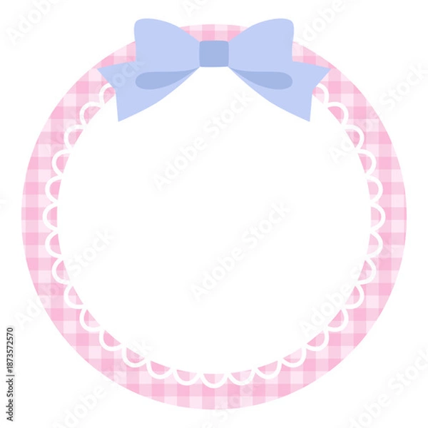Obraz リボンがついたかわいいレースフレームのベクターイラスト。飾り、ギンガムチェック、ピンク