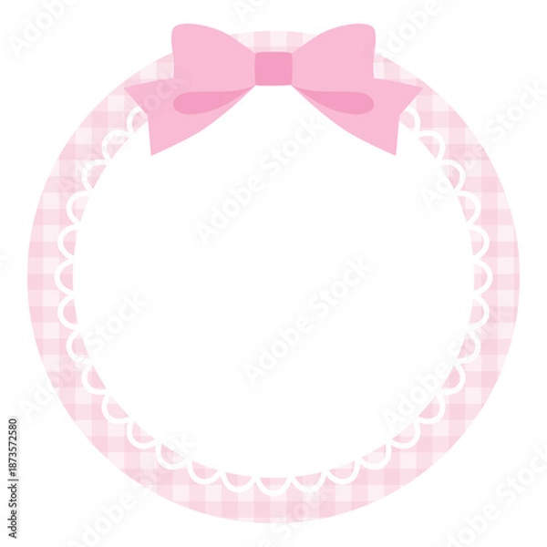 Obraz リボンがついたかわいいレースフレームのベクターイラスト。飾り、ギンガムチェック、ピンク