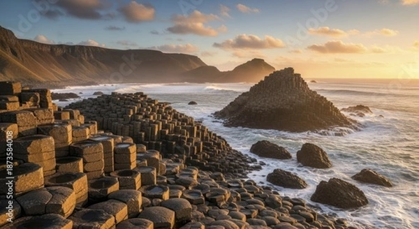 Obraz Basalt columns form dramatic coastal formations during a warm sunset