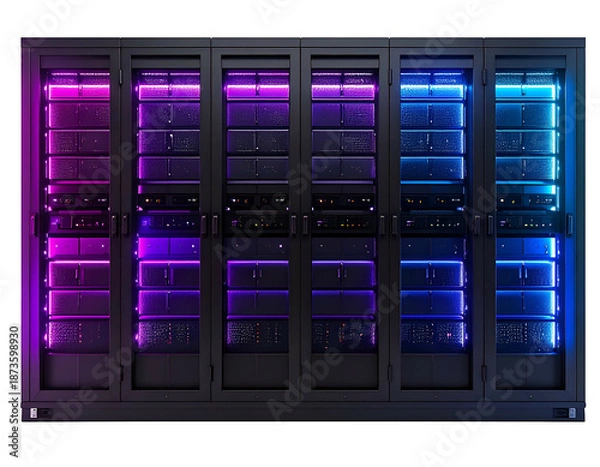 Obraz Server racks glowing with multicolored lights, showcasing data center hardware