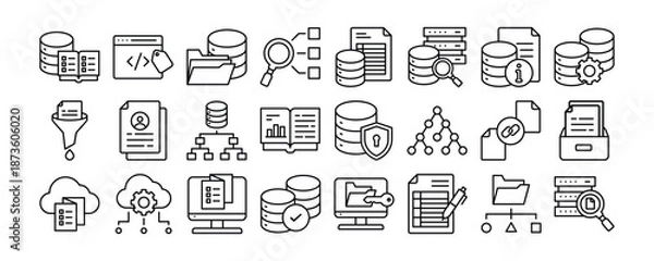 Obraz Data Catalog icon collection. Containing design Data Catalog, Metadata Tag, Folder with Database, Data Taxonomy, Data Table	