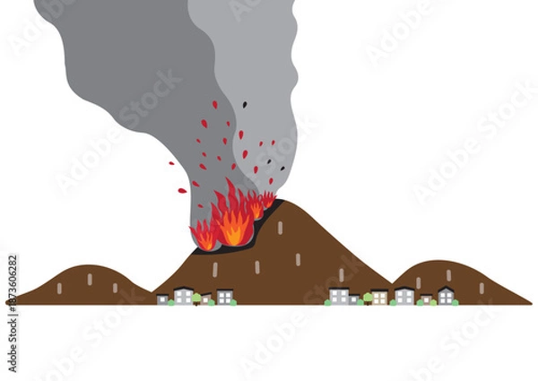 Obraz シンプルな冬の山火事イメージ、民家が近いバージョン