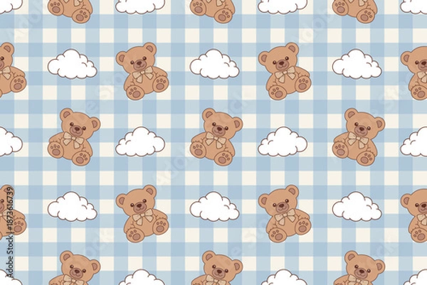 Obraz Cute teddy bear and cloud blue gingham seamless pattern