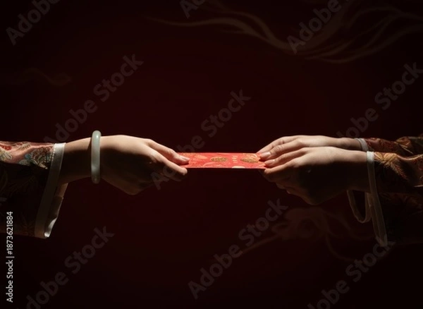 Obraz close-up red envelope exchange, dramatic side lighting, in dark red background