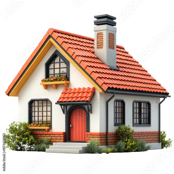 Obraz Cute Cozy Cottage House. 3D Rendering.