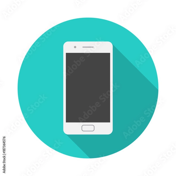 Fototapeta Mobile phone circle icon with long shadow. Flat design style. Smart phone simple silhouette. Modern, minimalist, round icon in stylish colors. Web site page and mobile app design vector element.