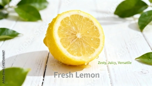 Obraz Half Sliced Lemon With Leaf On White Surface